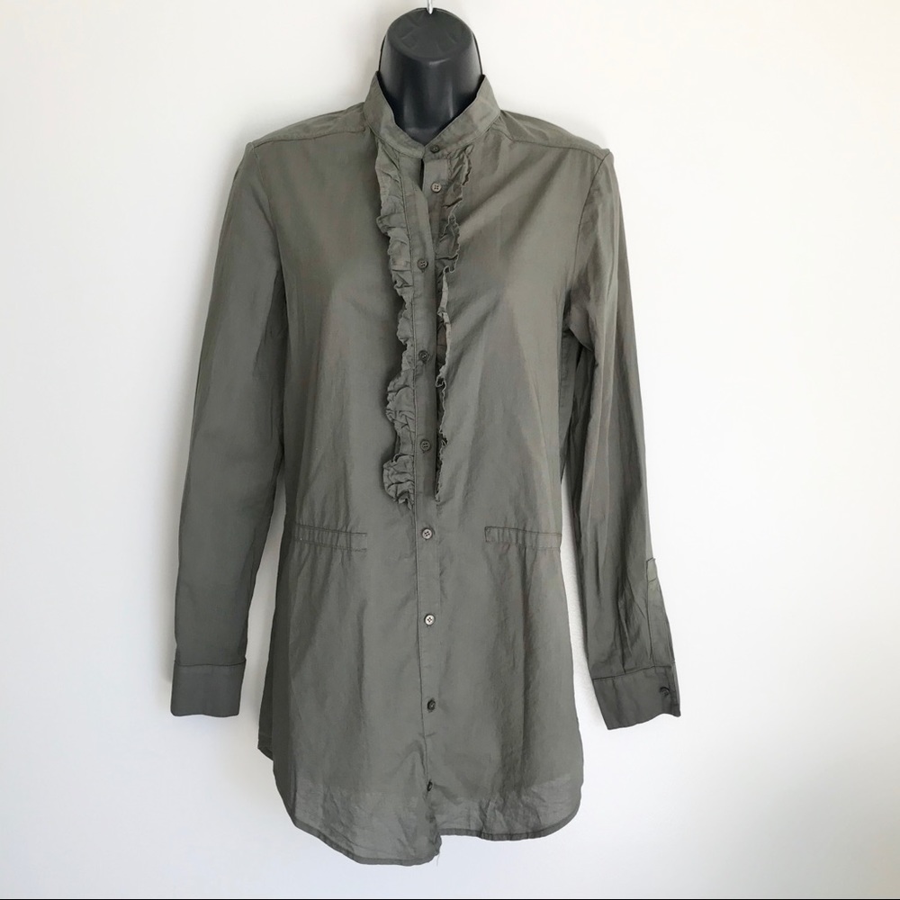 CLU Pleated Ruffle Tunic Shirt Dress Olive Green M